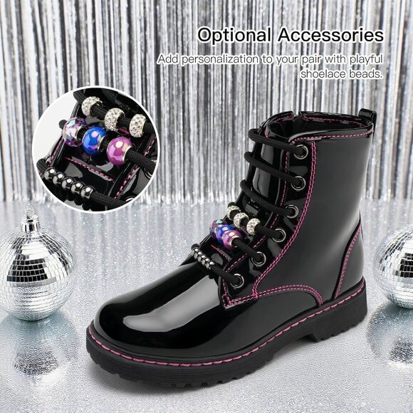 Kids Black Pat Boots Toddler Girl Boots DIY Combat Ankle Boots Side Zipper - Picture 4 of 7